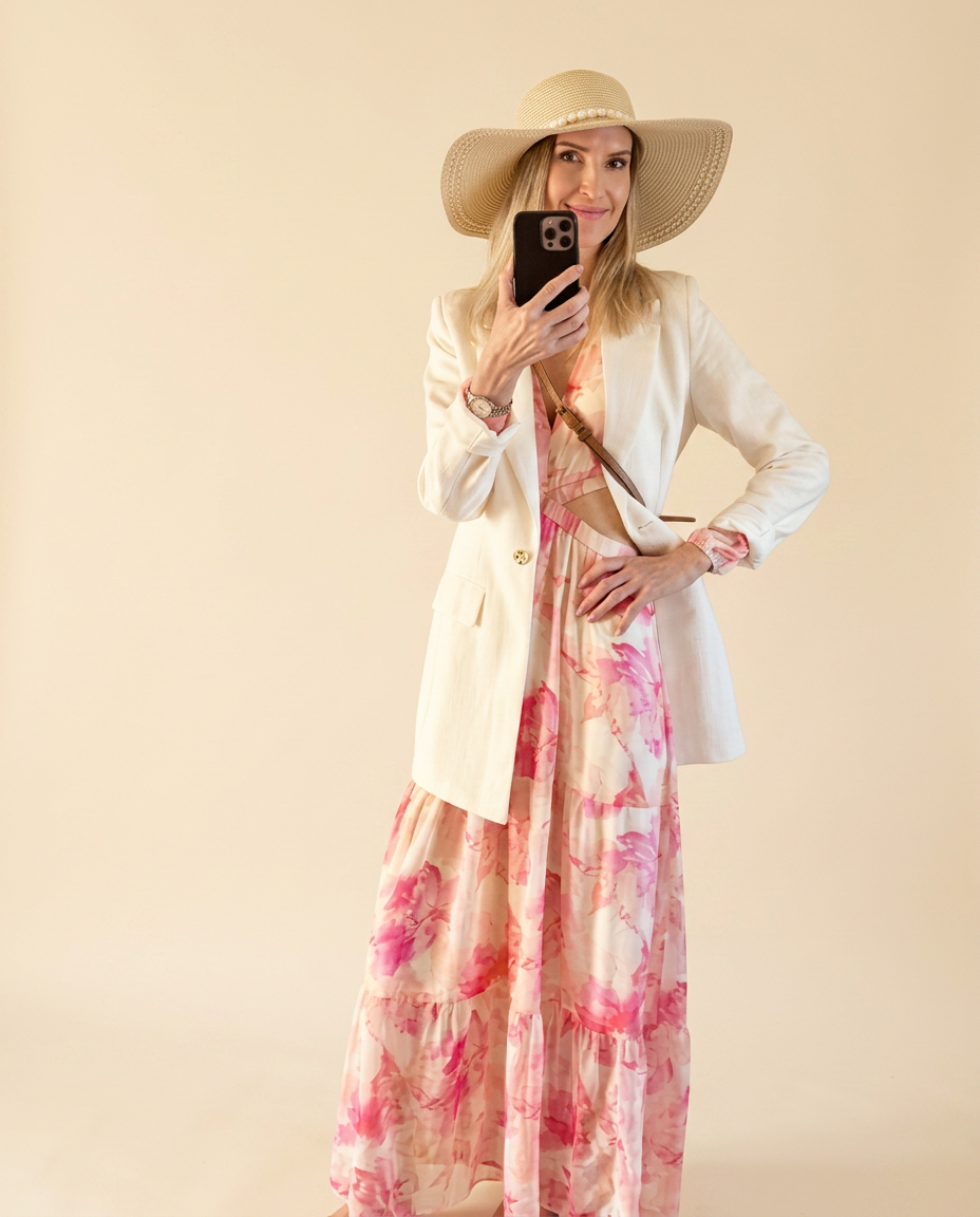 Liz-Irén, personlig stylist på WKO Style Design, i ljus kavaj och blommig klänning