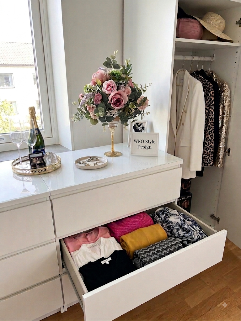 Vitt byrå med ordnade plagg, rosbukett och champagne bredvid garderob