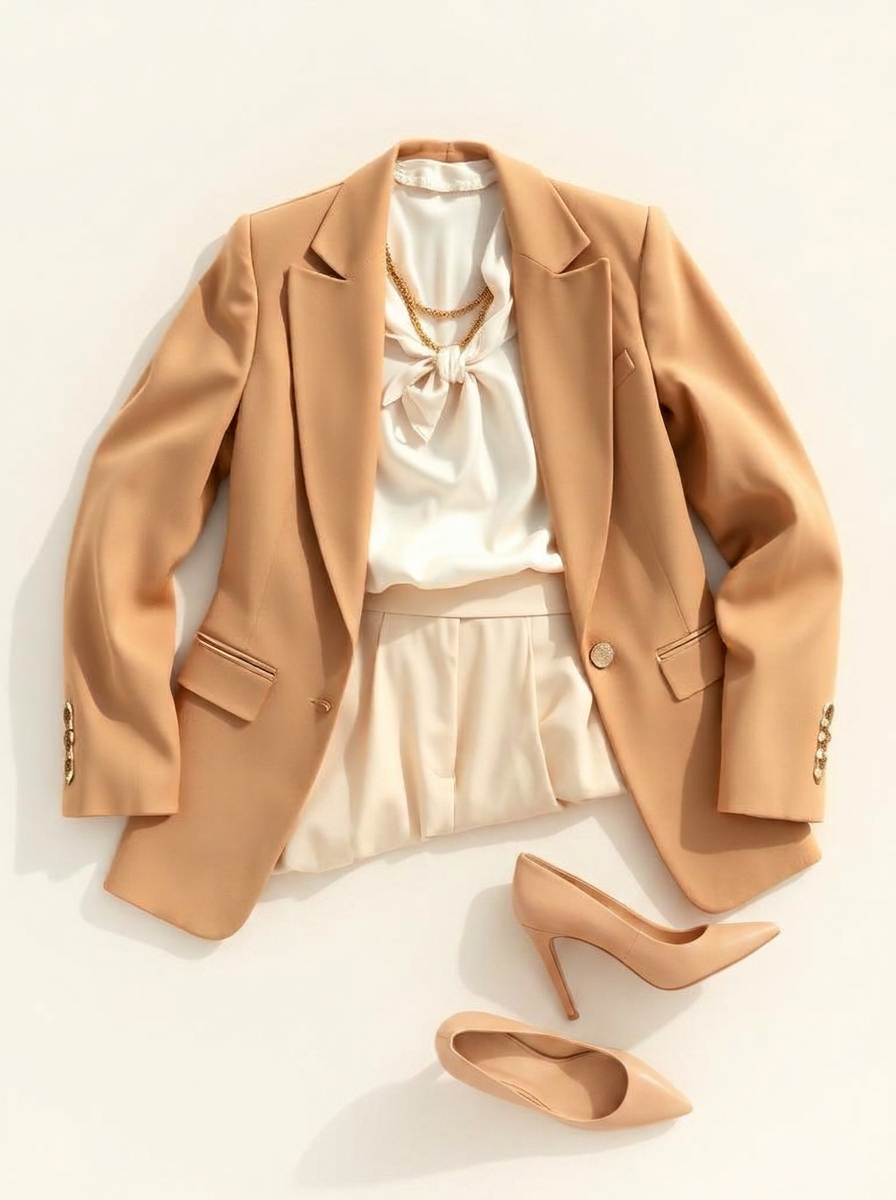 Kavaj, blus och byxor i beige toner