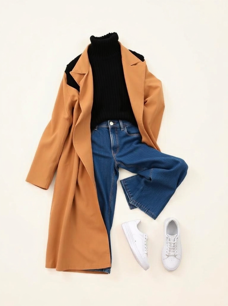 Kappa med turtleneck, jeans och sneakers