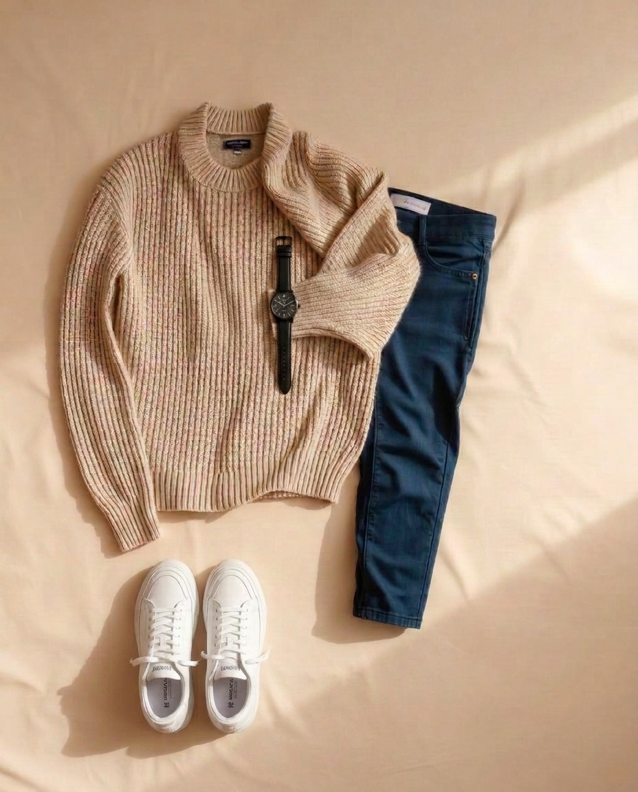 Beige stickad tröja med jeans och sneakers